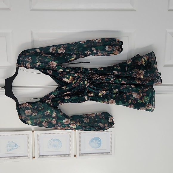 Athome - Surplice-Neck Fit & Flare Foiled Ruffle Dress, Hunter Floral, Size XS - Picture 5 of 12